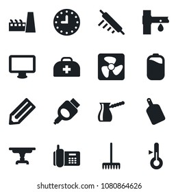Set of vector isolated black icon - pencil vector, rake, drip irrigation, doctor case, office phone, clock, monitor, hdmi, battery, table, factory, rolling pin, cutting board, turkish coffee, fan