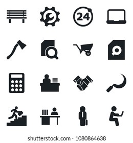 Set of vector isolated black icon - 24 around vector, wheelbarrow, sickle, axe, bench, root setup, document search, calculator, manager desk, notebook pc, handshake, career ladder, man with