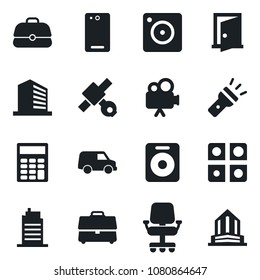 Set of vector isolated black icon - office building vector, satellite, video camera, speaker, phone back, mobile, torch, application, case, calculator, city house, door, chair, car
