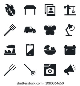 Set Of Vector Isolated Black Icon - Factory Vector, Farm Fork, Rake, Butterfly, Flame Disk, Cell Phone, Photo Gallery, Desk Lamp, Table, Crane, Salad, Battery, Car, Advertising