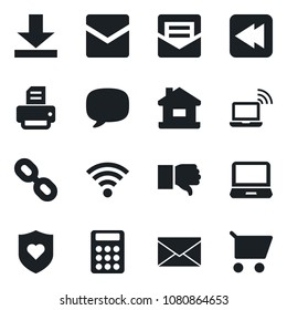 Set of vector isolated black icon - wireless notebook vector, mail, printer, heart shield, laptop pc, chain, finger down, rewind, message, download, calculator, house, cart