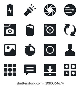 Set of vector isolated black icon - menu vector, message, update, mobile camera, gallery, user, stopwatch, record, network, download, torch, photo, battery, charge, application