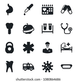Set of vector isolated black icon - stethoscope vector, blood test vial, dropper, pills, ambulance star, car, hospital bed, stomach, caries, implant, medical calendar, diet, doctor, virus, heavy