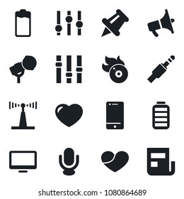 Set of vector isolated black icon - flame disk vector, microphone, antenna, loudspeaker, settings, cell phone, monitor, heart, paper pin, battery, jack connector, news