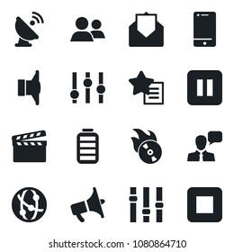 Set of vector isolated black icon - satellite antenna vector, clapboard, flame disk, speaker, loudspeaker, settings, network, cell phone, group, favorites list, battery, mail, pause button, stop