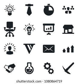 Set of vector isolated black icon - stopwatch vector, group, arrow up graph, gear, shining head, handshake, pennon, office chair, idea, flask, mail, presentation, tie, storefront, hard work