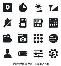 Set of vector isolated black icon - menu vector, tuning, user, stopwatch, sd, network, calendar, mute, brightness, place tag, video, photo gallery, cellular signal, battery, root setup