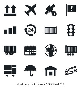 Set of vector isolated black icon - earth vector, important flag, plane, satellite, traffic light, 24 hours, truck trailer, cargo container, term, consolidated, umbrella, up side sign, warehouse