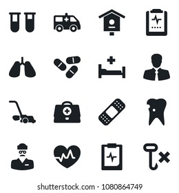 Set of vector isolated black icon - lawn mower vector, bird house, heart pulse, doctor case, blood test vial, pills, patch, ambulance car, hospital bed, lungs, caries, clipboard, client, no hook