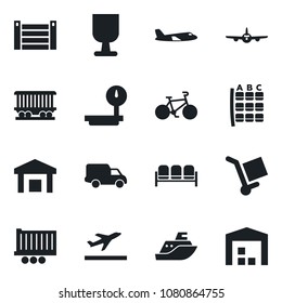 Set of vector isolated black icon - departure vector, waiting area, plane, seat map, bike, railroad, sea shipping, truck trailer, car delivery, container, fragile, cargo, warehouse, heavy scales