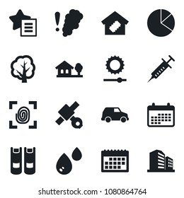 Set of vector isolated black icon - book vector, tree, syringe, satellite, favorites list, brightness, calendar, pie graph, house with, smart home, fingerprint, water, smoke detector, car