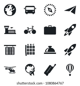Set of vector isolated black icon - suitcase vector, airport bus, reception bell, helicopter, seat map, flight table, plane globe, building, case, bike, compass, rocket, earth, paper, air balloon