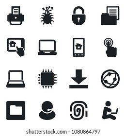 Set of vector isolated black icon - lock vector, printer, virus, support, folder document, network, touch screen, laptop pc, download, notebook, chip, home control app, fingerprint, man with