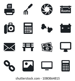 Set of vector isolated black icon - mail vector, printer, garden fork, bench, broken bone, cash, camera, monitor, chain, mobile, gallery, rooms, battery, calculator