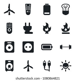 Set of vector isolated black icon - fire vector, barbell, remote control, speaker, low battery, rca, windmill, socket, power plug, bulb, alarm led