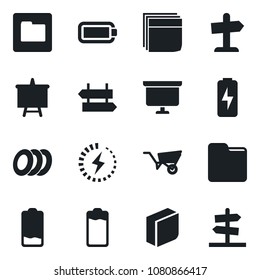 Set of vector isolated black icon - signpost vector, presentation board, wheelbarrow, battery, low, folder, charge, blank box, plates, guidepost