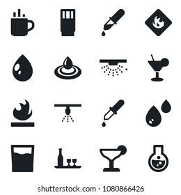 Set of vector isolated black icon - hot cup vector, water drop, dropper, flammable, alcohol, drink, cocktail, sprinkler, flask