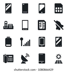 Set of vector isolated black icon - mobile phone vector, satellite antenna, cell, low battery, back, sim, mute, cellular signal, office, sun panel