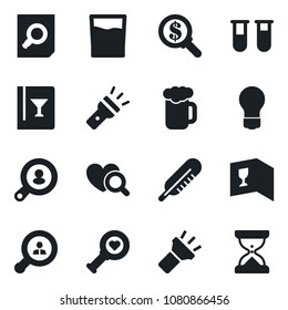 Set of vector isolated black icon - document search vector, bulb, blood test vial, thermometer, heart diagnostic, torch, client, wine card, drink, beer, money, sand clock