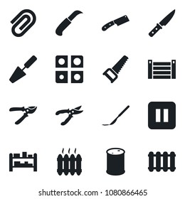 Set of vector isolated black icon - trowel vector, pruner, saw, garden knife, scalpel, container, oil barrel, rack, pause button, application, paper clip, heater, radiator