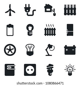 Set of vector isolated black icon - bulb vector, battery, desk lamp, heater, fridge, home control, socket, power plug, fan, water, radiator, energy saving, windmill, idea