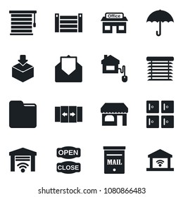 Set of vector isolated black icon - automatic door vector, shop, checkroom, store, container, umbrella, package, mail, folder, mailbox, open close, home control, jalousie, garage gate