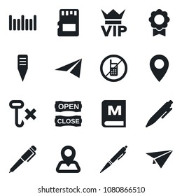 Set of vector isolated black icon - no mobile vector, vip, pen, plant label, navigation, pin, hook, barcode, sd, sertificate, menu, open close, paper plane