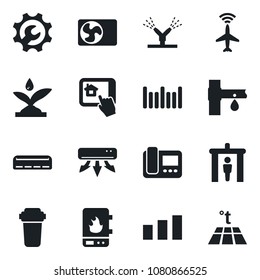 Set of vector isolated black icon - plane radar vector, security gate, drip irrigation, sorting, barcode, root setup, air conditioner, water heater, intercome, home control app, filter, warm floor
