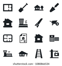 Set of vector isolated black icon - airport building vector, trowel, shovel, ladder, wheelbarrow, saw, house, hospital, with garage, tree, plan, estate document, crane