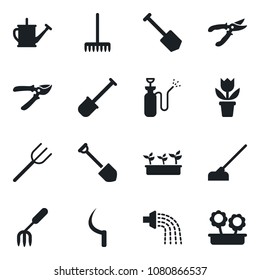 Set of vector isolated black icon - job vector, flower in pot, garden fork, shovel, farm, rake, watering can, pruner, seedling, hoe, sickle, sprayer