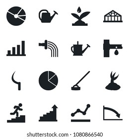 Set of vector isolated black icon - growth statistic vector, watering can, sproute, hoe, sickle, greenhouse, drip irrigation, bar graph, pie, point, career ladder, crisis