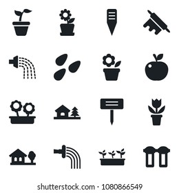 Set of vector isolated black icon - flower in pot vector, seedling, watering, plant label, seeds, house with tree, rolling pin, apple fruit, water filter