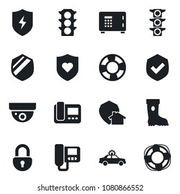 Set of vector isolated black icon - alarm car vector, safe, boot, heart shield, traffic light, protect, lock, intercome, home, surveillance, crisis management