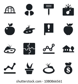 Set of vector isolated black icon - bomb in case vector, seedling, plant label, greenhouse, pond, important flag, application, point graph, house with tree, estate agent, apple fruit, money bag