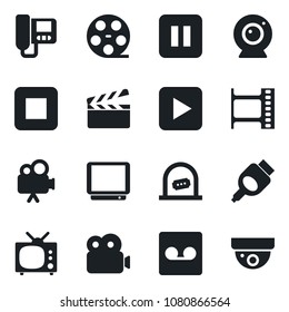 Set of vector isolated black icon - ticket office vector, clapboard, film frame, reel, tv, video camera, play button, pause, stop, hdmi, record, web, intercome, surveillance