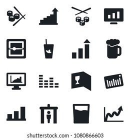 Set of vector isolated black icon - security gate vector, growth statistic, monitor, barcode, equalizer, scanner, statistics, bar graph, wine card, drink, phyto, beer, sushi