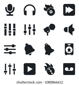 Set of vector isolated black icon - flame disk vector, microphone, speaker, settings, headphones, play button, fast forward, tuning, bell, record