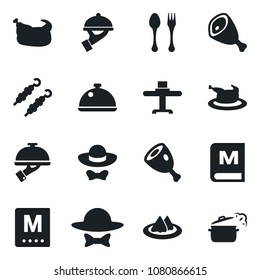 Set of vector isolated black icon - spoon and fork vector, dish, restaurant table, serviette, menu, waiter, dress code, chicken, kebab, ham, steaming pan