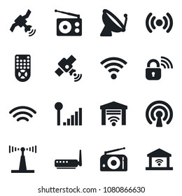 Set of vector isolated black icon - satellite antenna vector, radio, remote control, wireless, cellular signal, lock, router, garage gate