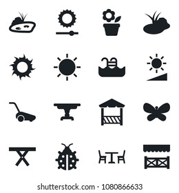 Set of vector isolated black icon - cafe vector, flower in pot, lawn mower, butterfly, lady bug, sun, pond, picnic table, brightness, pool, alcove