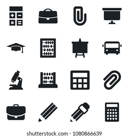 Set of vector isolated black icon - airport bus vector, calculator, graduate, abacus, presentation board, microscope, case, paper clip, pencil