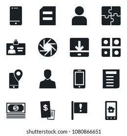 Set of vector isolated black icon - mobile phone vector, identity card, document, important flag, cash, tracking, cell, camera, user, download, application, restaurant receipt, home control app