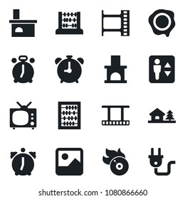 Set of vector isolated black icon - elevator vector, alarm clock, abacus, stamp, fireplace, film frame, flame disk, gallery, house with tree, tv, power plug