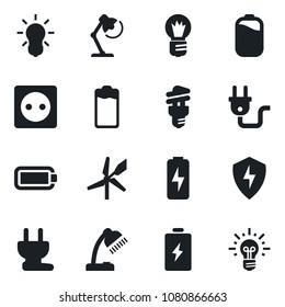 Set of vector isolated black icon - bulb vector, battery, protect, charge, desk lamp, socket, power plug, energy saving, windmill, idea