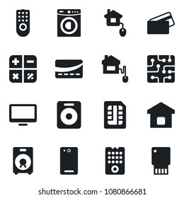 Set of vector isolated black icon - calculator vector, monitor, speaker, phone back, sim, washer, smart home, credit card, control, chip, remote, usb flash