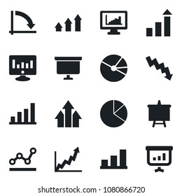 Set of vector isolated black icon - growth statistic vector, presentation board, crisis graph, monitor, statistics, bar, pie, point, arrow up