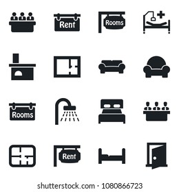 Set of vector isolated black icon - shower vector, meeting, fireplace, hospital bed, plan, rent, rooms, bedroom, cushioned furniture, door