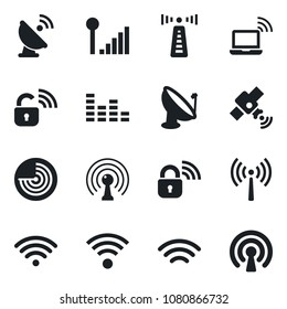 Set of vector isolated black icon - antenna vector, wireless notebook, radar, satellite, equalizer, cellular signal, lock