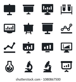 Set of vector isolated black icon - presentation board vector, statistic monitor, blood test vial, microscope, statistics, point graph, flask