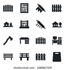 Set of vector isolated black icon - abacus vector, desk, fence, axe, bench, house with tree, rolling pin, cutting board